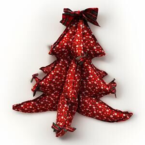 VTG Handmade Stuffed Christmas Tree Red Floral Plaid Bow Holiday Decor 14”